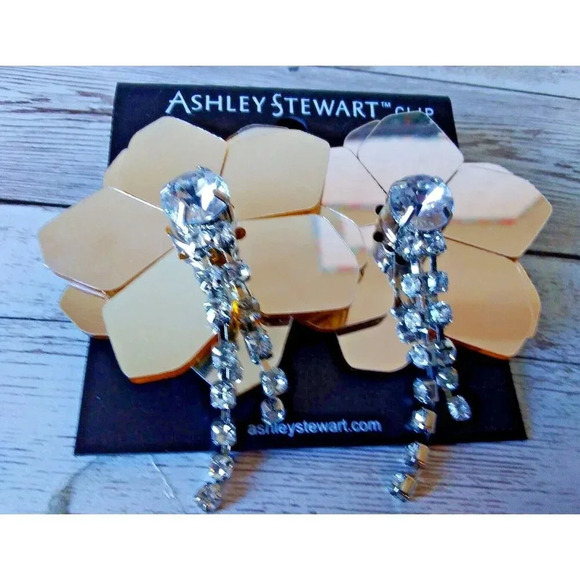 Ashley Stewart Jewelry - Flashy Vintage 90s Mirror Flower Earrings with Rhinestone Dangles (Clip On)